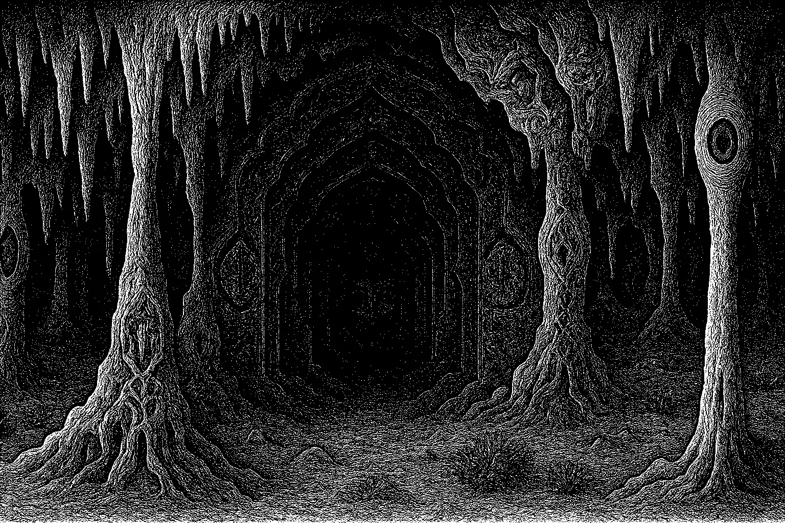 An illustrated cave, dark rock opening onto a white door